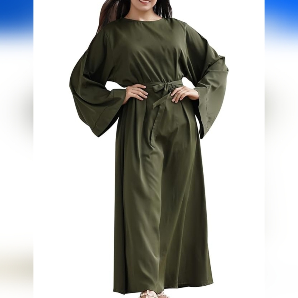 Elegant Olive Green Bell Sleeve Maxi Dress